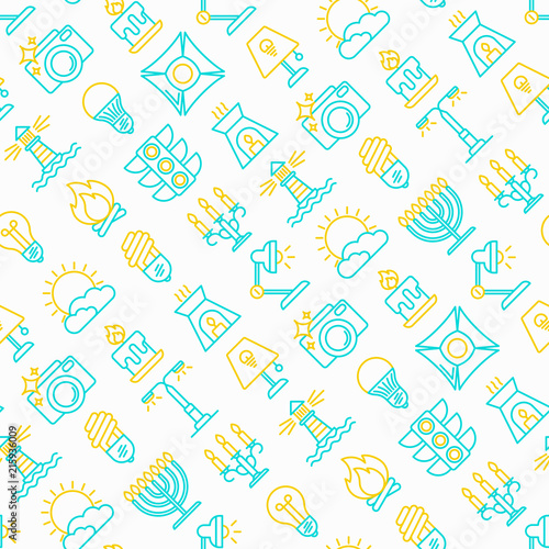 Lighting seamless pattern with thin line icons: bulb, LED, CFL, candle, table lamp, sunlight, spotlight, flash, candelabrum, bonfire, menorah, lighthouse, night aroma lamp. Modern vector illustration.