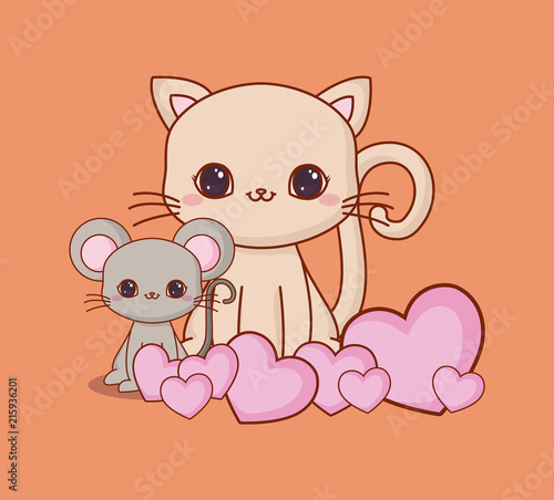 kawaii cat and mouse with hearts over orange background  colorful design. vector illustration