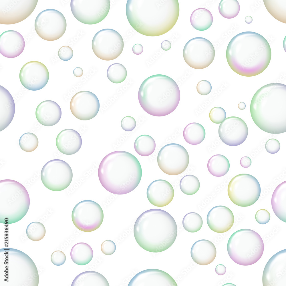 Seamless pattern background with shiny soap bubbles. Freshness and purity. Vector illustration.