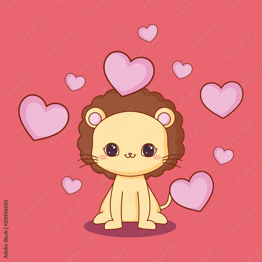 kawaii lion and hearts over red background, colorful design. vector illustration kawaii lion and hearts over red background, colorful design. vector illustration