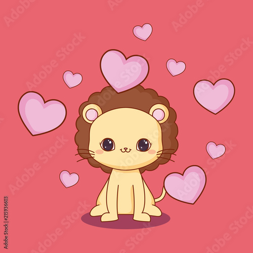 kawaii lion and hearts over red background, colorful design. vector illustration