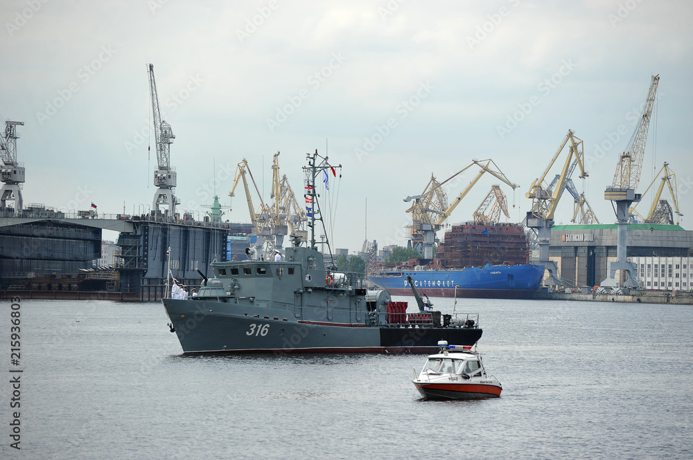 preparation for the naval parade in St. Petersburg on the Neva river