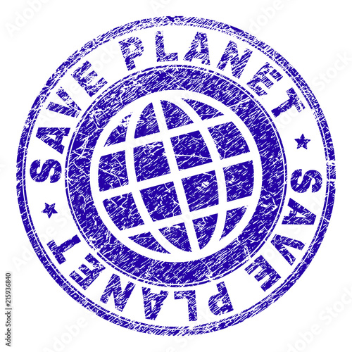 SAVE PLANET stamp print with grunge texture. Blue vector rubber seal print of SAVE PLANET title with unclean texture. Seal has words placed by circle and planet symbol.