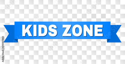 KIDS ZONE text on a ribbon. Designed with white caption and blue tape. Vector banner with KIDS ZONE tag on a transparent background.