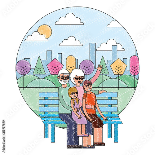 grandparents with grandkids sitting on park bench