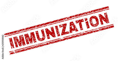 IMMUNIZATION seal print with distress style. Red vector rubber print of IMMUNIZATION text with retro texture. Text caption is placed between double parallel lines.
