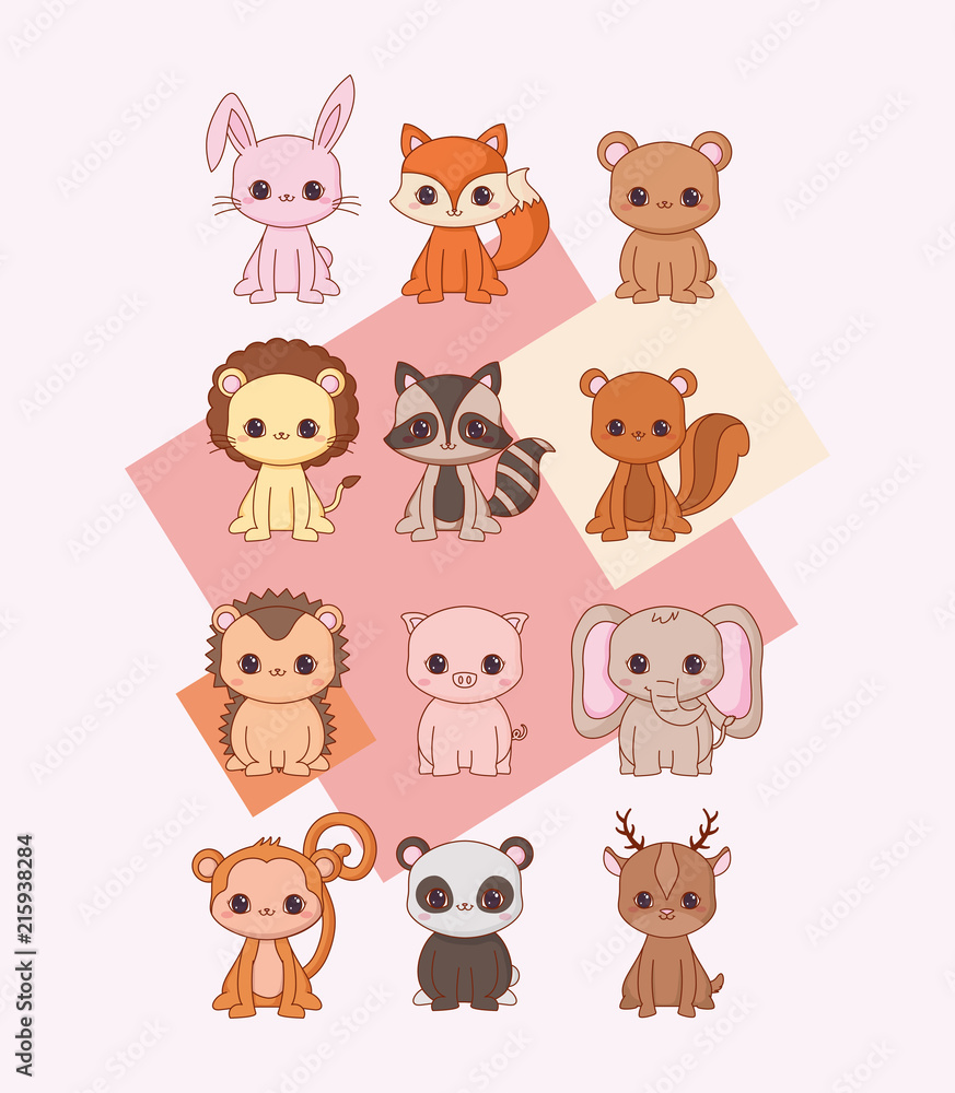 Kawaii animals icon set over pink background, colorful design. vector illustration