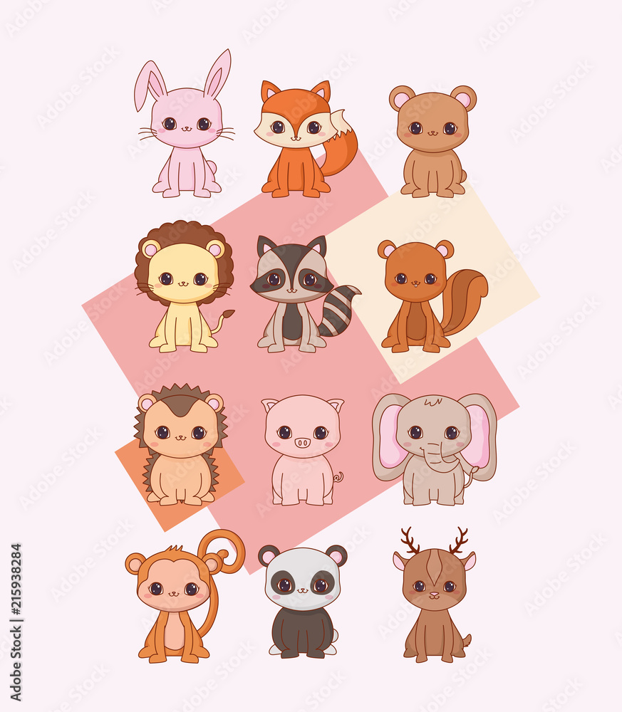 Kawaii animals icon set over pink background, colorful design. vector illustration Kawaii animals icon set over pink background, colorful design. vector illustration