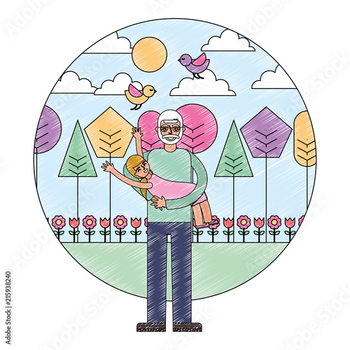 grandpa carrying her granddaughter in the park