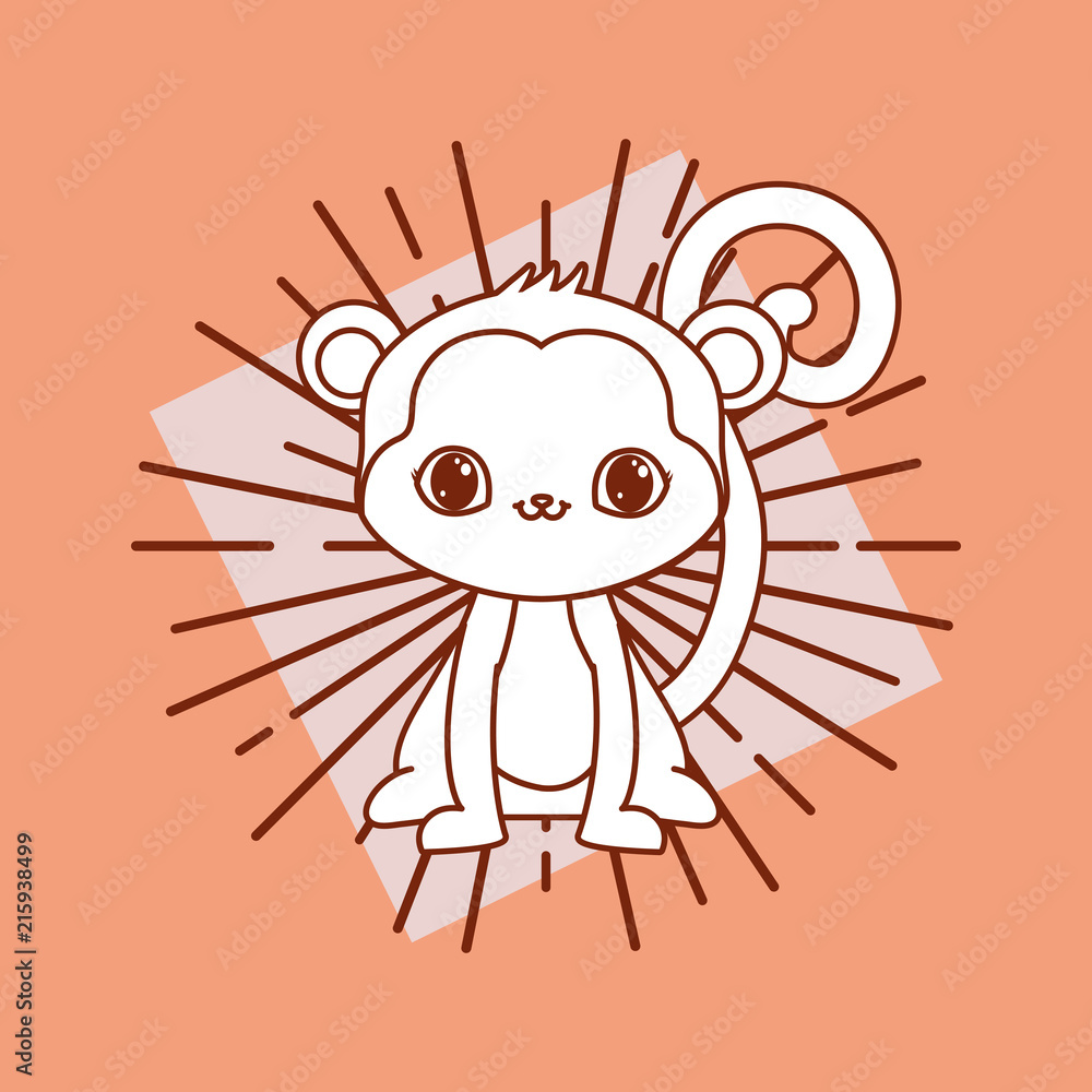 kawaii monkey icon and decorative sunburst over orange background, colorful line design. vector illustration kawaii monkey icon and decorative sunburst over orange background, colorful line design. vector illustration