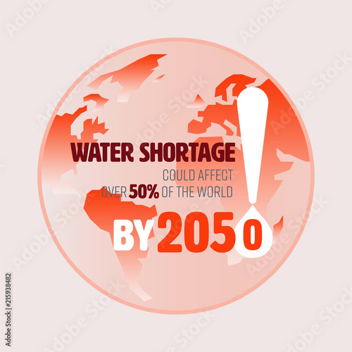 Typographic design with drop icon and exclamation mark as gimmicks on globe background. Pay attention to global water shortage concept. Vector illustration.  