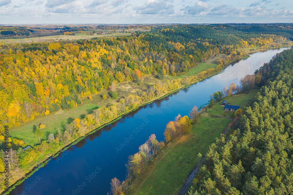 Drone aerial view of Neris Regional Park, Lithuania