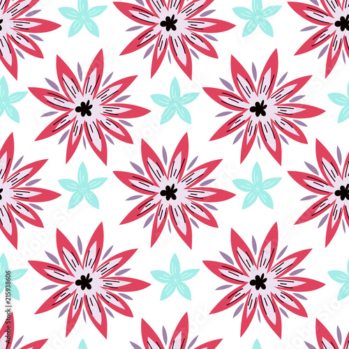 Seamless pattern with tropical flowers doodle style. Vector