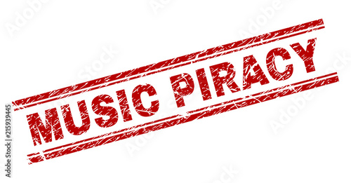 MUSIC PIRACY seal watermark with distress effect. Red vector rubber print of MUSIC PIRACY title with dust texture. Text title is placed between double parallel lines.