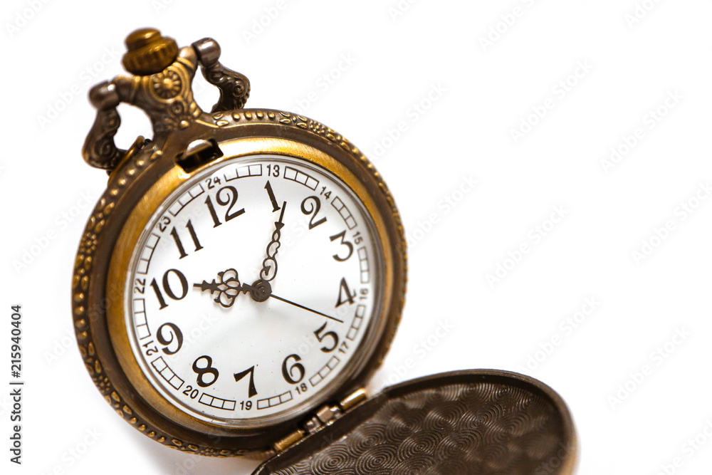 Antique clock face close up, isolated on white background. Old pocket watch, time concept.