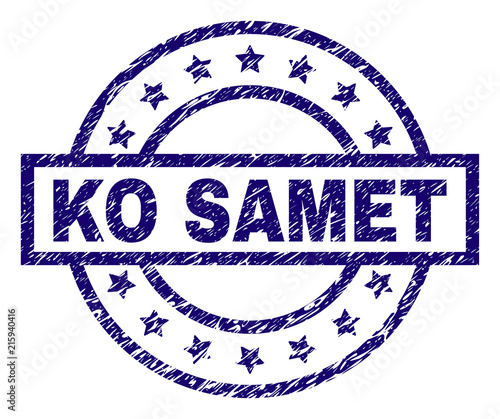 KO SAMET seal watermark with grunge texture. Designed with rectangle, circles and stars. Blue vector rubber print of KO SAMET title with grunge texture.