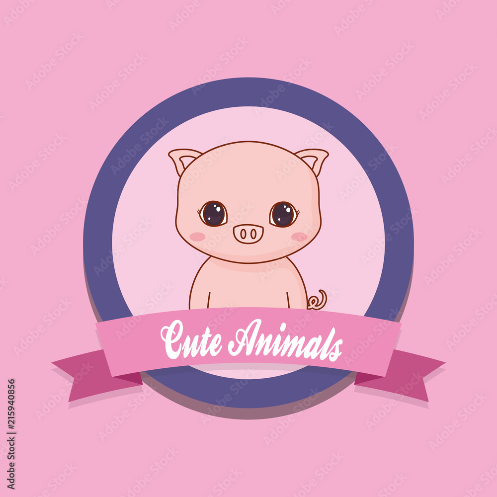 cute animals emblem with decorative ribbon and pig icon. colorful design. vector illustration cute animals emblem with decorative ribbon and pig icon. colorful design. vector illustration