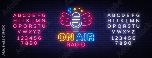 On Air Radio Neon Logo Vector. Radio neon sign, design template, modern trend design, night neon signboard, night bright advertising, light banner. Vector illustration. Editing text neon sign