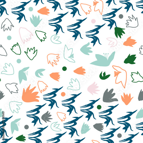 Vector floral seamless pattern with hand drawn scilla or snowdrop flowers and leaves. Modern decorative background in pastel colors.