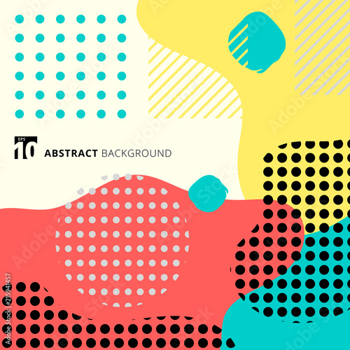 Abstract geometric form with line and dots pattern trendy memphis style on colorful background.