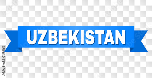 UZBEKISTAN text on a ribbon. Designed with white caption and blue stripe. Vector banner with UZBEKISTAN tag on a transparent background.