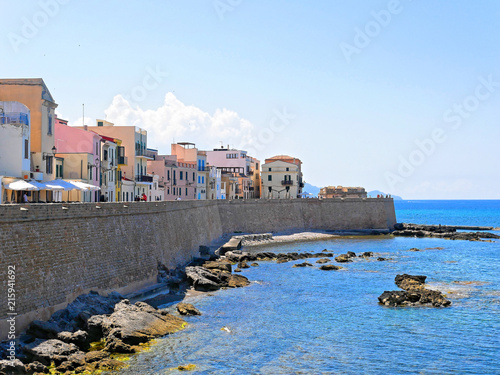 View of the sea and a fragment of Alghero defensive walls. Sardinia, Italy. photo