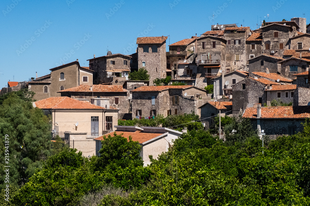 Landscape view of Sermoneta village in the mountains surrounded by nature.