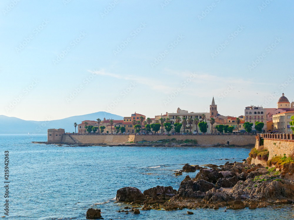 View of the promenade and the old walls of alghero. Alghero, Sardinia, Italy.
