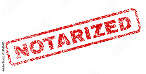 NOTARIZED stamp seal print with grunge style. Red vector rubber print of NOTARIZED text with unclean texture. Text tag is placed inside rounded rectangle frame.