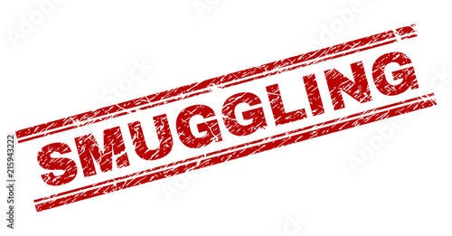 SMUGGLING seal print with grunge texture. Red vector rubber print of SMUGGLING caption with dirty texture. Text tag is placed between double parallel lines.