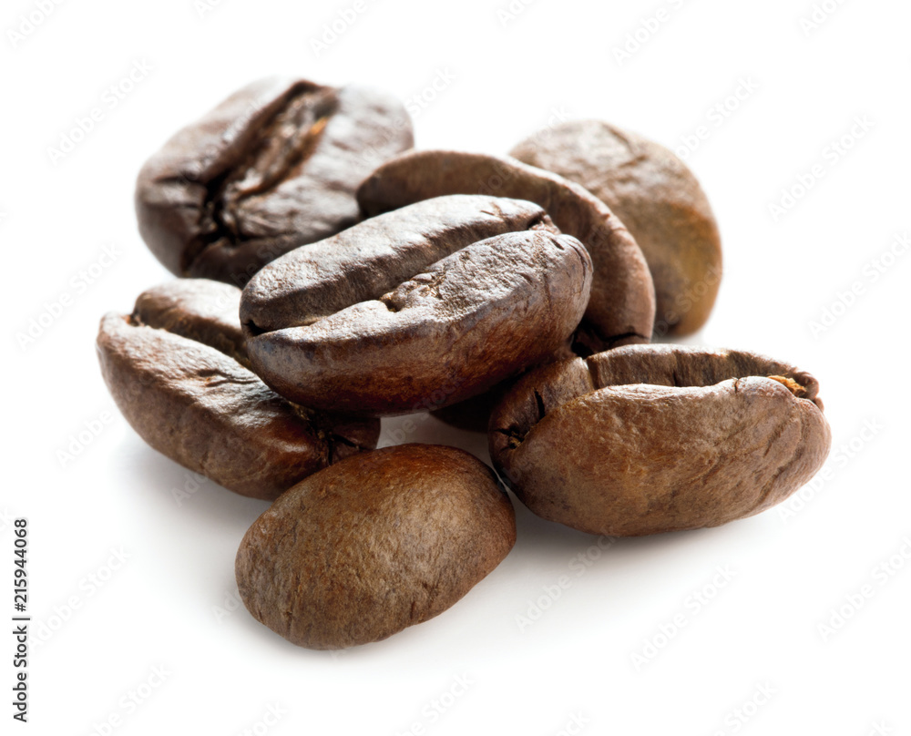 close-up view of rast coffee beans isolated on white background close-up view of rast coffee beans isolated on white background