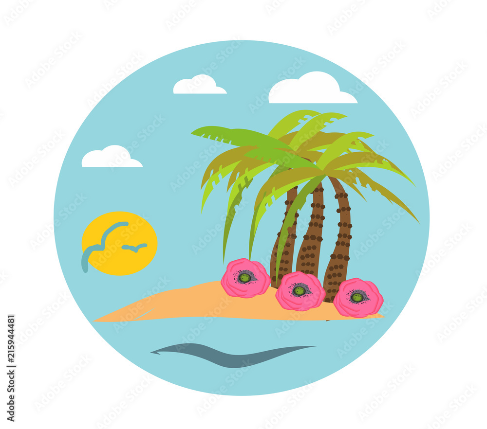 Logo with exotic travel island in the ocean with palms, hand deawn digital illustration in circle