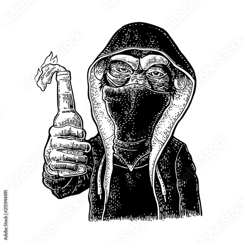 Monkey holding molotov cocktail with gasoline and rag wick. Engraving
