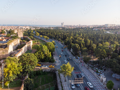 Aerial Drone View of Ancient Constantinople's Walls in Istanbul / Byzantine Constantinople Entrance is Dedicated to Belgrade