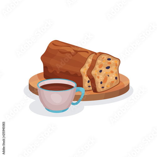 Classic fruitcake with candied fruit and cup of tea, traditional English breakfast vector Illustration on a white background