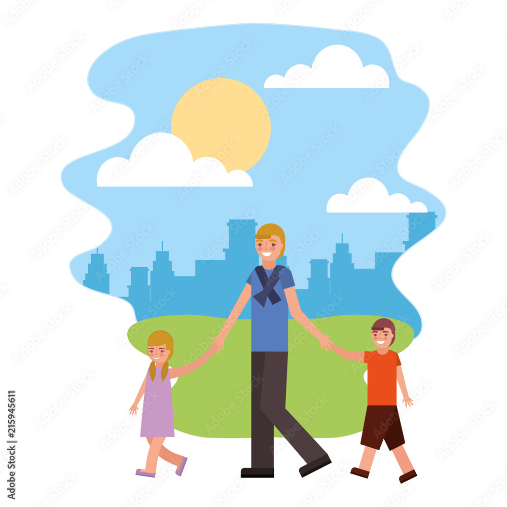 cute father with children in landscape
