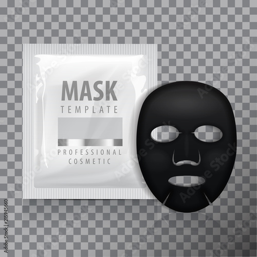 Black Facial sheet mask with sachet. Blank vector mock up template. Beauty product package