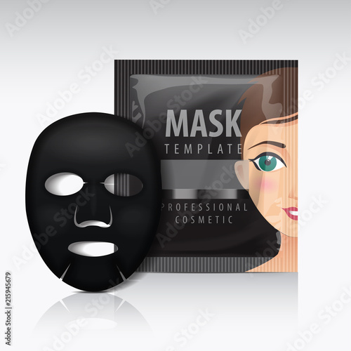 Black Facial sheet mask with sachet. Vector mock up template. Beauty product package for your design