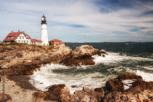 Coast of the Atlantic Ocean. Lighthouse on the shore. Maine. Portland. 