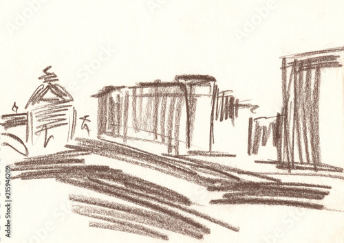 drawing of the city with brown pencil  city sketches  city landscape  houses  monument  quick sketch