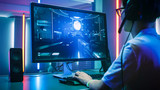Back View Shot of Professional Gamer Playing in First-Person Shooter Online Video Game on His Personal Computer. He's Talking with His Team Through Headset. Lit by Neon Lights in Retro Arcade Style.