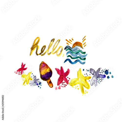 background with summer objects sea shel cute star fish character, icecream
