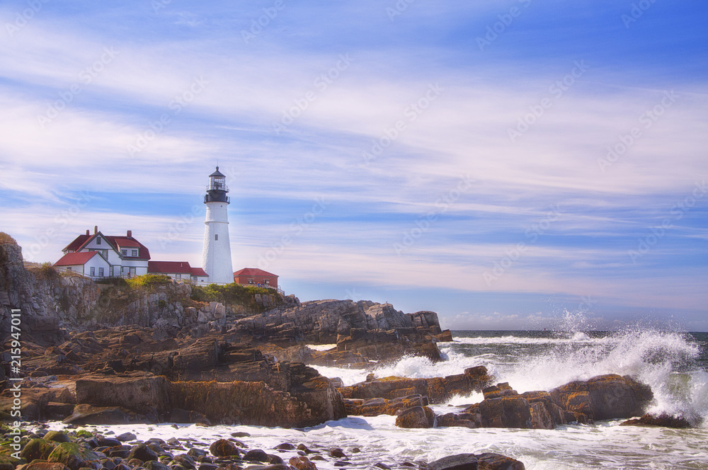 Coast of the Atlantic Ocean. Lighthouse on the shore. Maine. Portland.
