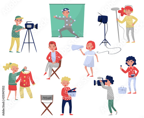 Members of film crew. Producer on chair, cameraman with equipment, costume designer, make-up artist. Movie making industry. Flat vector set
