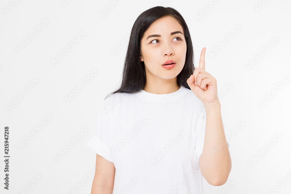 Young asian girl have good idea. Happy smiling woman isolated on white background. Copy space. Template and blank summer t shirt. Young asian girl have good idea. Happy smiling woman isolated on white background. Copy space. Template and blank summer t shirt.