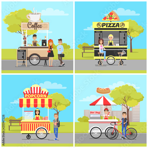 Pizza and Popcorn, Hot Dog and Coffee Carts Set