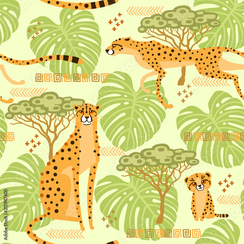 Seamless pattern with cheetahs, leopards in the jungle. Repeated exotic wild cats in the background of the savannah. Vector stylized travel illustration