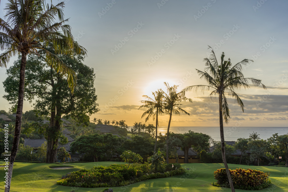 perfect paradise sunset scene with palms and ocean perfect paradise sunset scene with palms and ocean