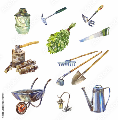 Garden or garage instruments or tools. Watercolor set of wheelbarrow, watering can, rake, shovel and etc