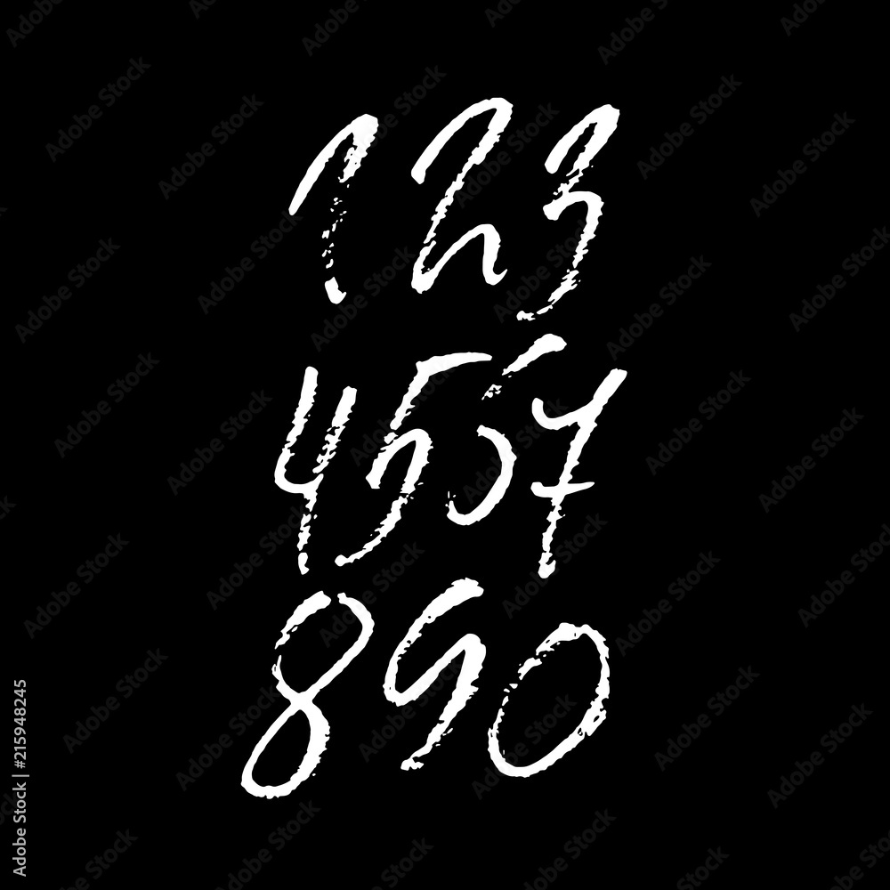 Set of calligraphic ink numbers. Textured dry brush lettering. Vector illustration.